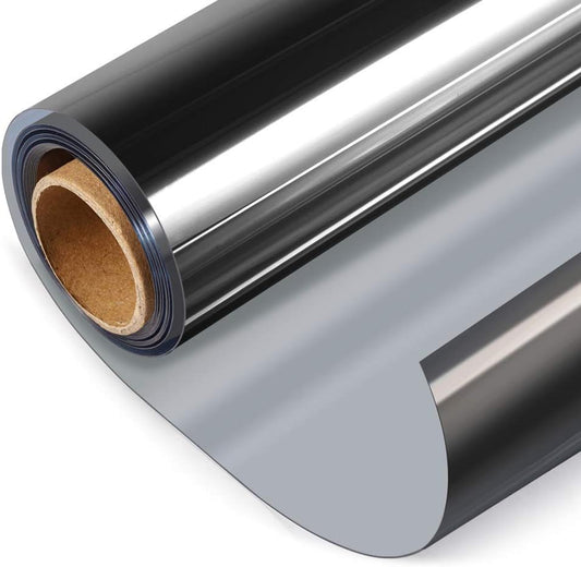 HIDBEA One Way Window Film, Daytime Privacy Sun Blocking Reflective Window Film No Glue Static Cling Heat Control Window Tinting Film for Home and Office, Black Silver, 17.35 x 196.8 Inch