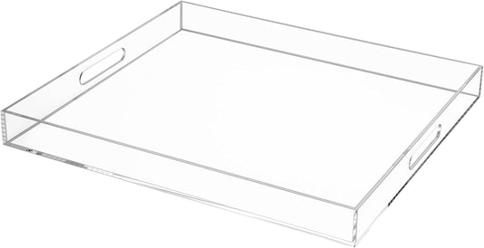 Clear Rectangular 18x20 Inches Acrylic Ottoman Tray Decorative Serving Tray with Cutout Handles Organizer Tray on Coffee Table Countertop Big Breakfast Bed Tray Living Room Appetizer Serving Food