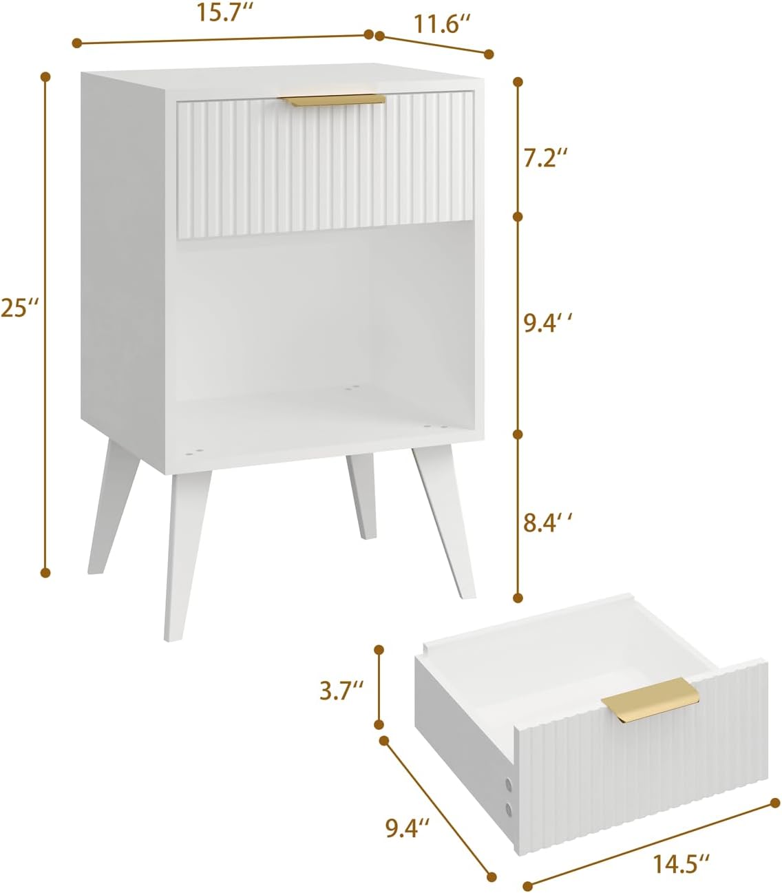 Fluted Night Stand with Opening Storage,Mid Century Bedside Table with Drawer,Modern Nightstand with Solid Wood Legs,End Table Side Table for Living Room,Bedroom,White CTG56W