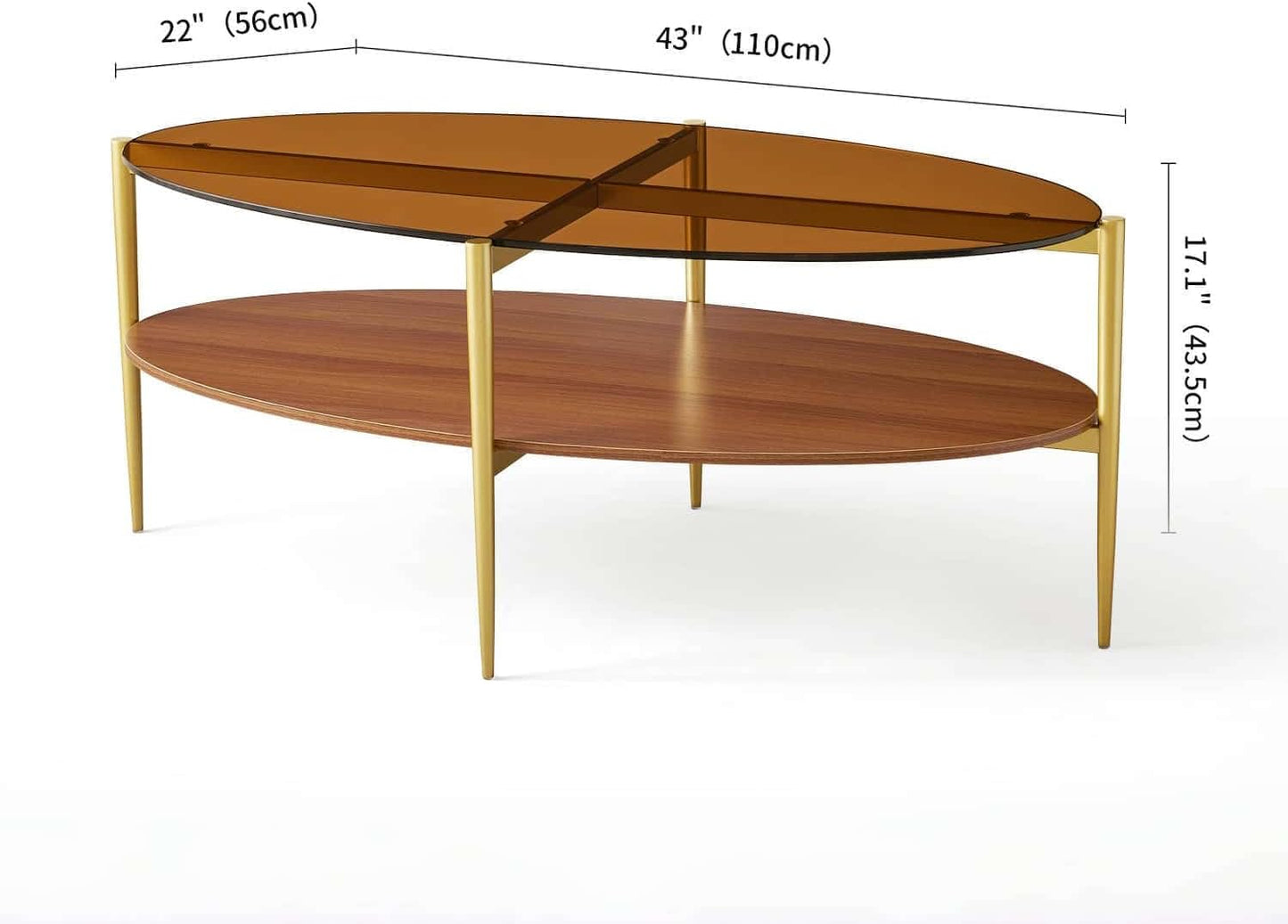 Oval Glass Coffee Table, Mid-Century Modern Design, L43 x W22 x H17 inch, 2-Tier Structure, Olive Shaped Amber Glass Top and Walnut Finish Wood Shelf, Tapered Legs with Gold Finish Frame