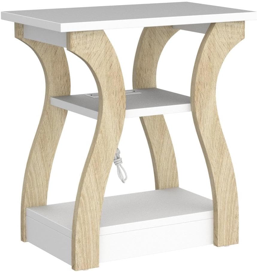 End Table Set of 2 with Charging Station, Side Table with USB Ports and Outlets, Nightstand, 3 Tier End Table with Storage Shelf for Living Room, Bedroom (White Set of 2)