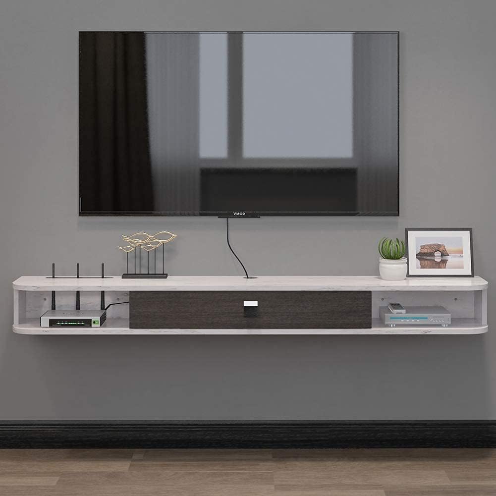 Pmnianhua Floating TV Console,55'' Wall-Mounted Media Console,Floating TV Cabinet,Modern Floating TV Stand,Under TV Entertainment Shelf with Door and Storage for Bedroom Living Room (Grey-White)