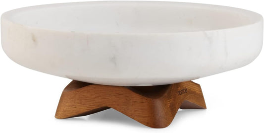 nambe Chevron Fruit Bowl – White Marble and Acacia Wood Decorative Footed Bowl - Kitchen Counter Table Display Centerpiece Bread Vegetable Holder on Pedestal- 10.5”