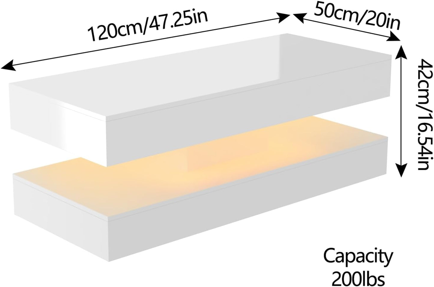 Uspeedy 47.3IN High Glossy LED Coffee Table,APP LED Lights,Black/White, Modern Furniture for Living Room (White)