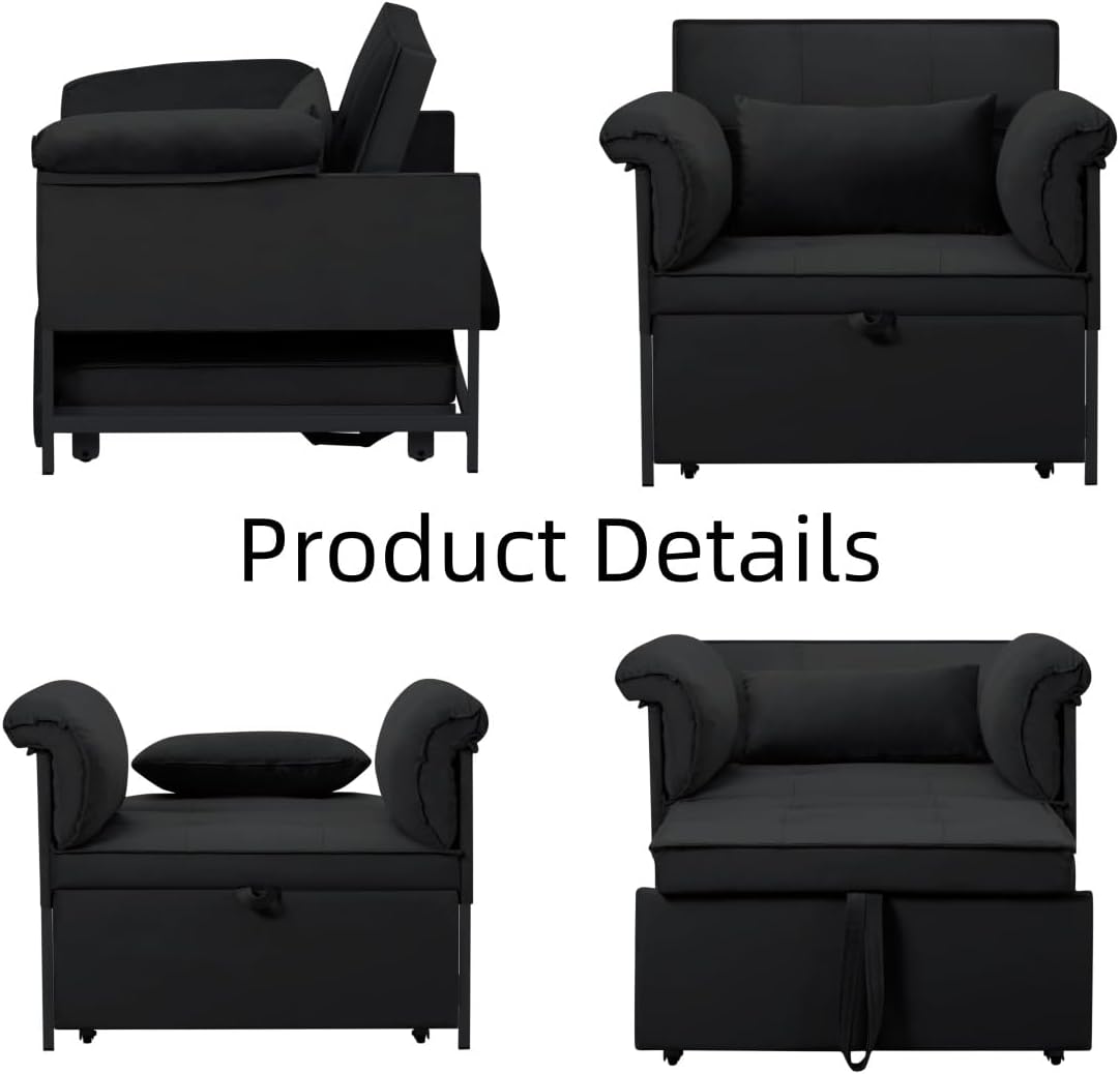 Pull Out Sofa Bed, Convertible Sleeper Chair Bed with Lumbar Pillow, 3-in-1 Sofa Chair with 3 Adjustable Backrest, Armchair Sleeper Small Couch for Small Spaces Living Room Black