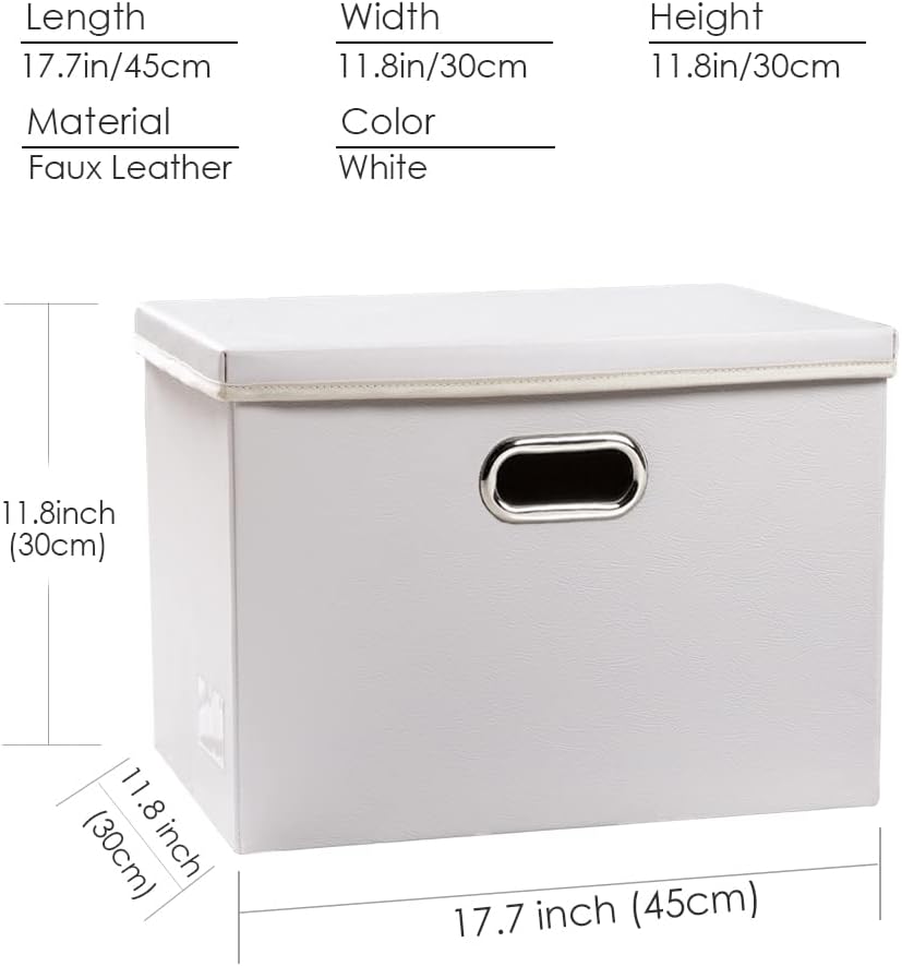 PRANDOM Large Collapsible Storage Box with Lid [1-Pack] Leather Fabric Foldable Storage Bin Organizer Container Basket Cube with Cover for Home Bedroom Closet Office Nursery White (17.7x11.8x11.8)