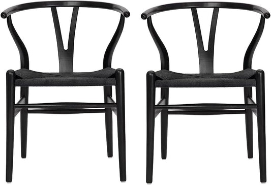 Tomile Set of 2 Bone Chair Solid Wood Y Chair Mid-Century Armrest Dining Chair, Hemp Seat (Wood - Black)