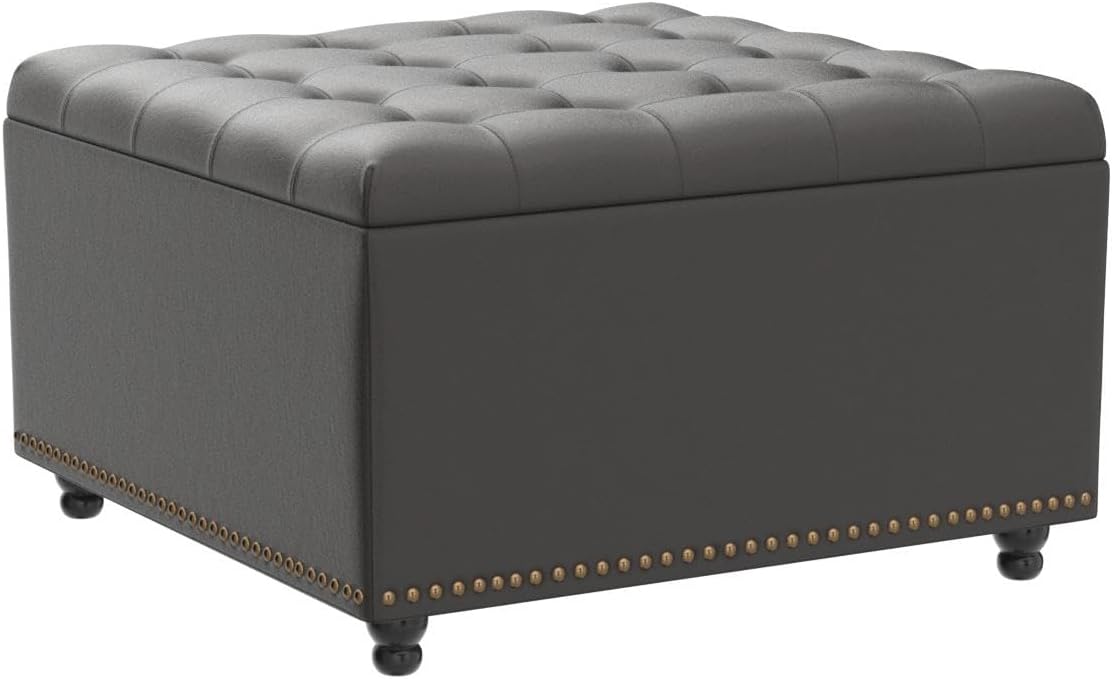 Tbfit Large Square Storage Ottoman Bench, Button Tufted Coffee Table, Oversized Storage Ottomans Toy Box Footrest for Living Room, Black