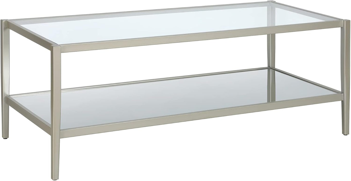 Henn&Hart 45" Wide Rectangular Coffee Table with Mirror Shelf in Satin Nickel, Coffee Table coffee tables for living room, studio apartment essentials