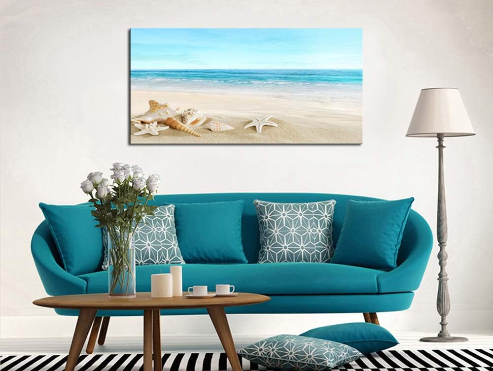 DZL Art S73962 Beach Picture Decor Ocean Painting Canvas Wall Art Prints of Starfish and Seashell on Sandy Seaside Ready to Hang for Living Room Bedroom Office Wall Decor Home Decoration