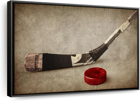 Elephant Stock Vintage Ice Hockey Wall Art - Horizontal Framed Canvas - 1-Piece Hallway Wall Decor - Photography Sports Canvas Print - Brown and Beige Decor for Wall - 19" X 13"