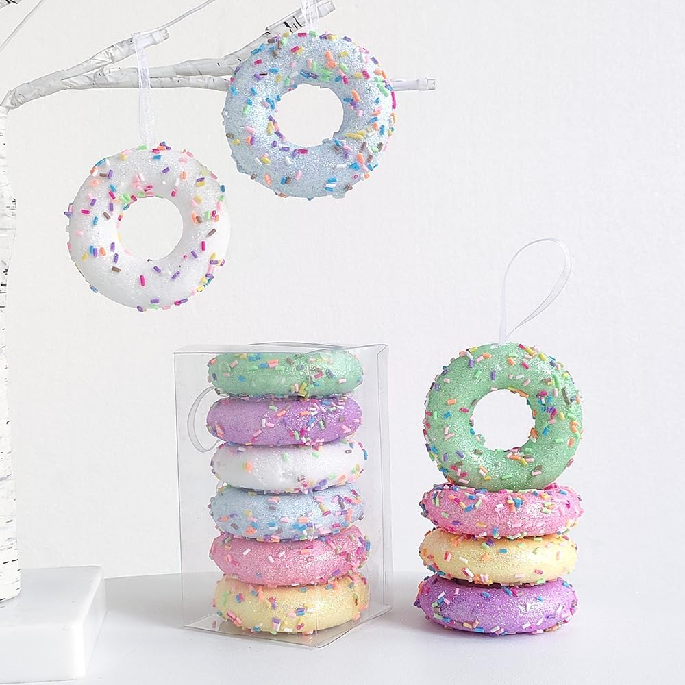 Donut ChristmasParty Decorations Ornaments, 6Pcs Hanging Christmas Tree Candy Ornament, Macaron Color Mini Dessert Donut Pendant Set for Xmas New Year Easter Birthday Home Party Supplies (Doughnut)