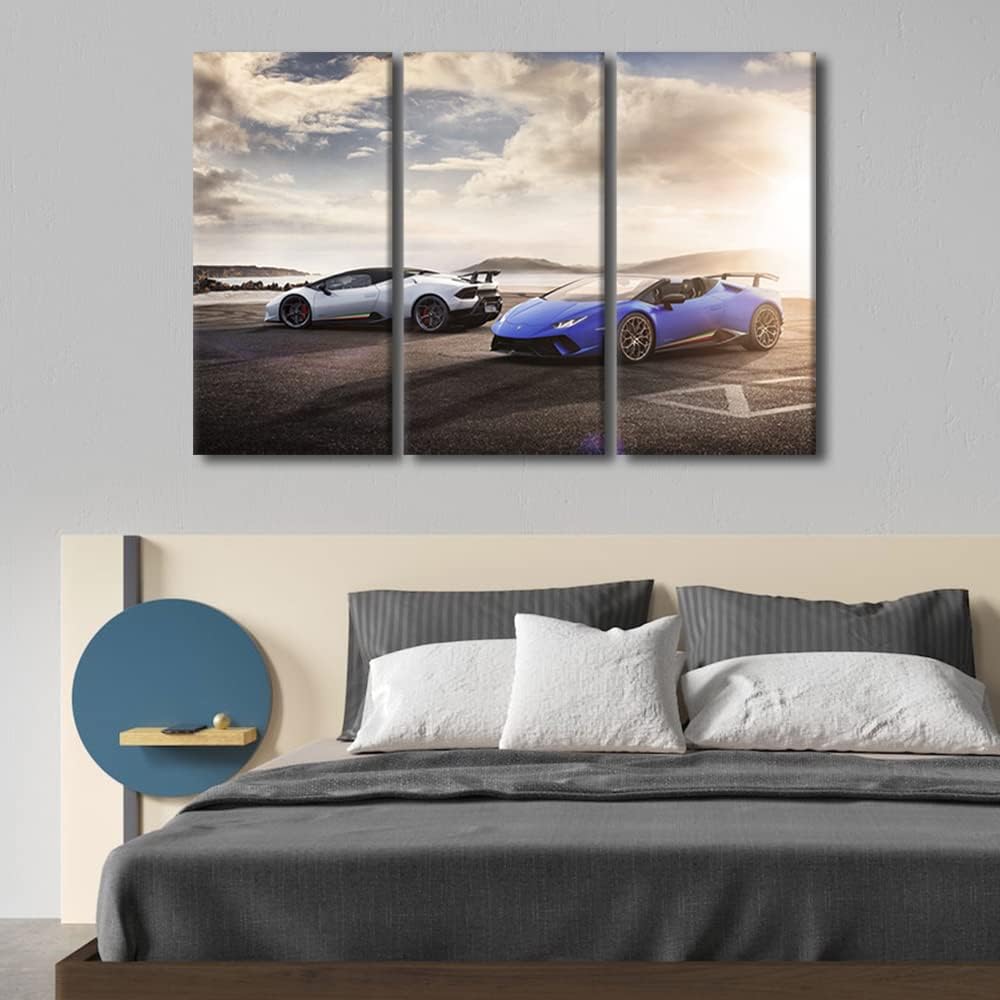 Canvas Prints Sports Car at Sunset Skyline Wall Art Modern Home Decor Seaside Super Car Poster Living Room 3 Pieces Men Boys Bedroom Decoration Artwork Painting Framed Ready to Hang, 36"Wx24"H