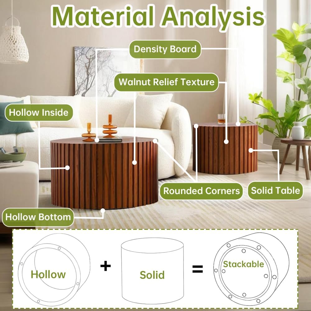 Round Nesting Coffee Table Modern Walnut Fluted Coffee Table Set of 2 Stripe Round Coffee Table Circle Drum Coffee Tables for Living Room (Walnut Large)