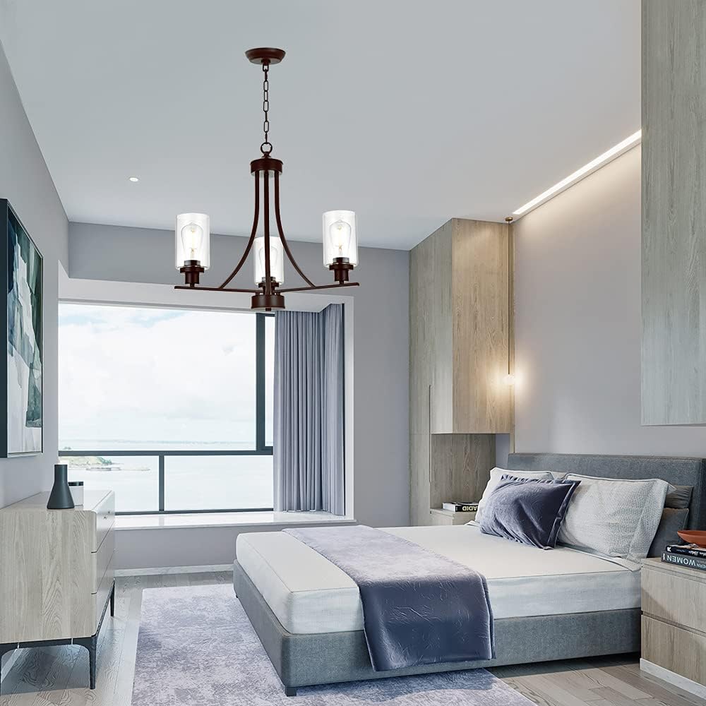 BONLICHT 3 Lights Oil-Rubbed Bronze Traditional Chandelier Rustic Kitchen Island Lighting Fixtures Hanging Clear Glass Cylinder Pendant Lights Classic Ceiling Light for Dining Room Bedroom Foyer