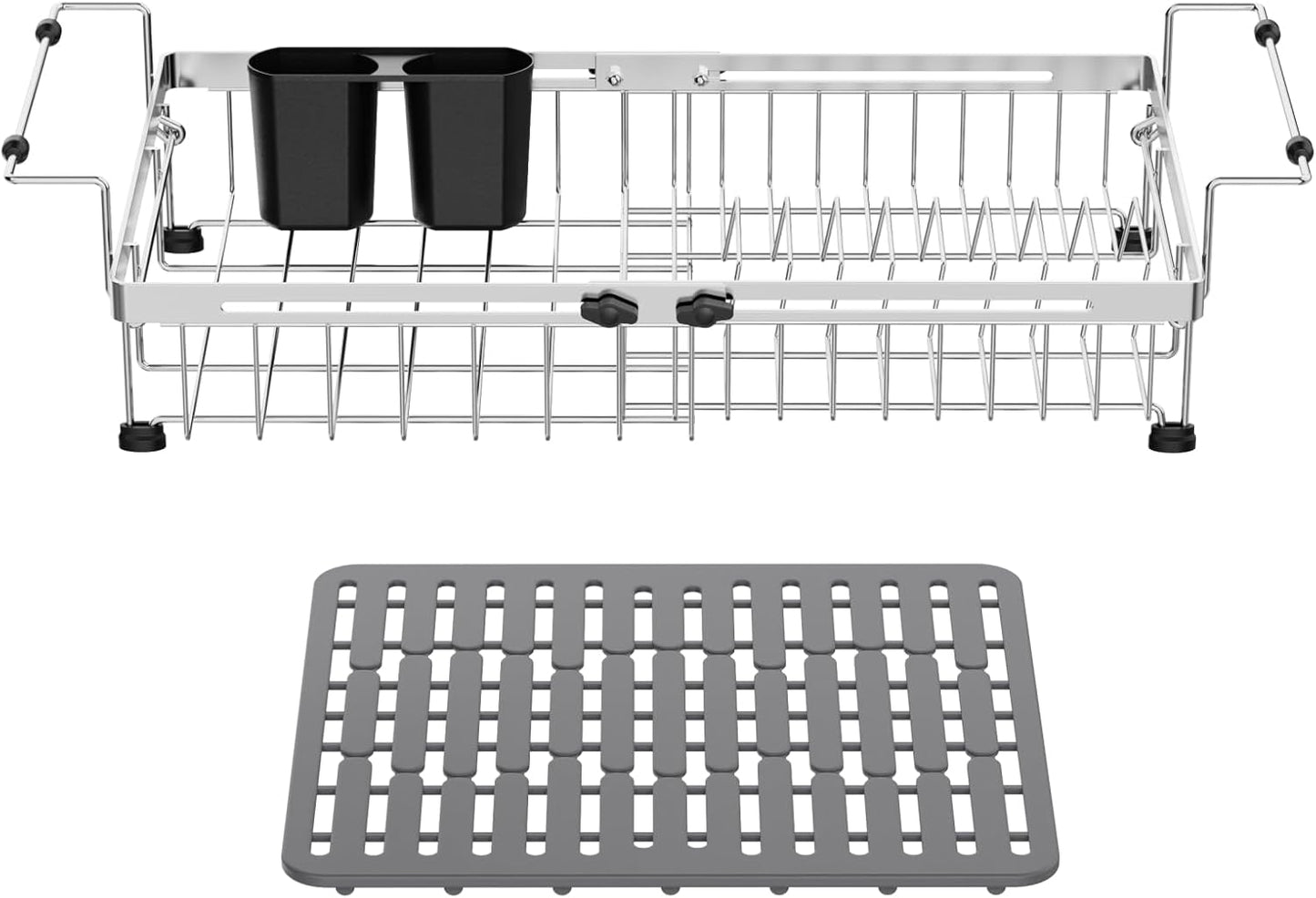 GSlife Expandable Sink Dish Drying Rack - Stainless Steel Capacity Adjustable Over The Sink Dish Rack (13.4''-20.4'') with Sink Mat and Utensil Holder, Silver