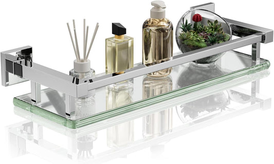 Alise Bathroom Glass Shelf with Stainless Steel Railing, Polished Chrome Small Tempered Glass Floating Wall Shelf Over The Toilet, 16 inch