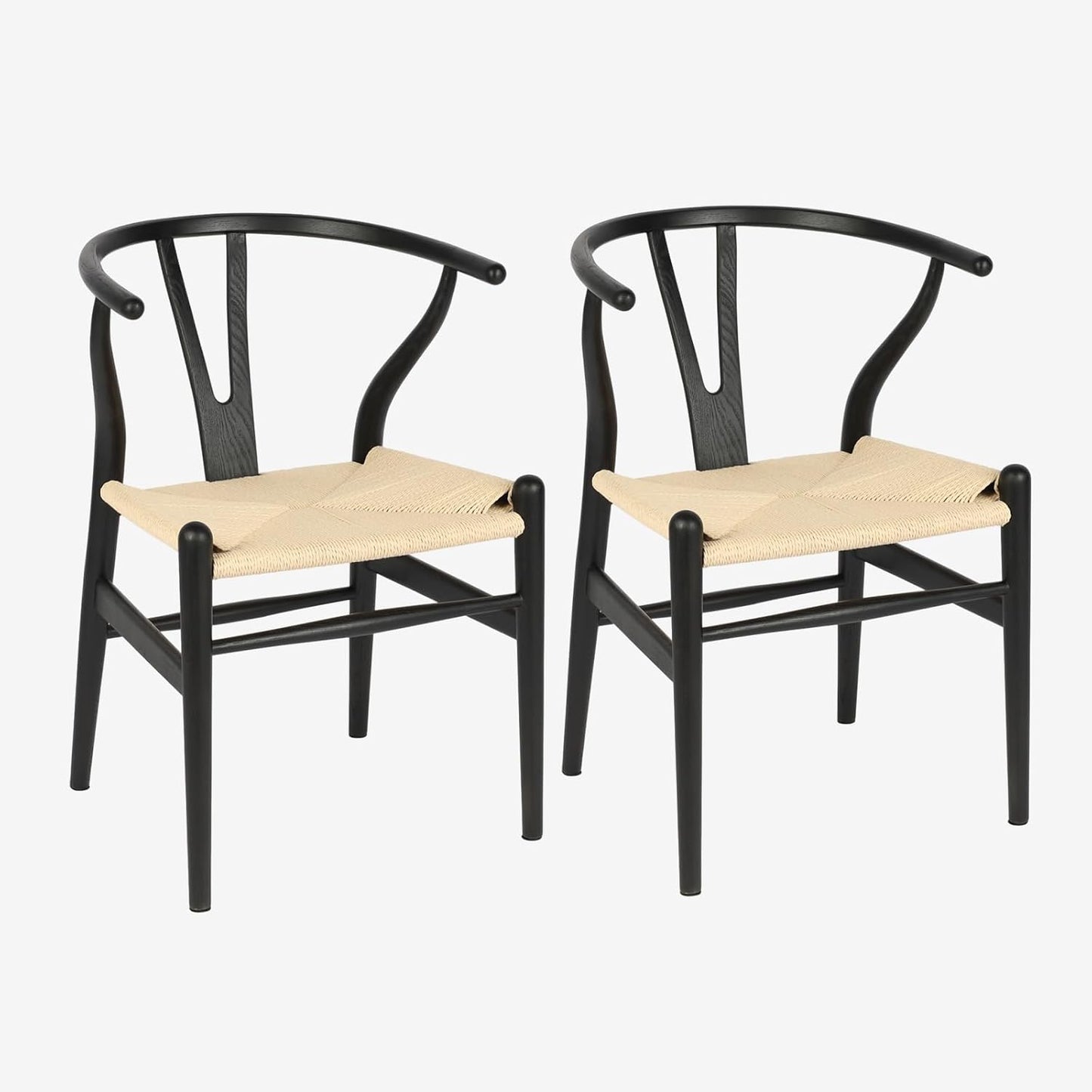 Wishbone Chair Natural Solid Wood Dining Chair/Hans Vegner Y Chair Rattan and Wood Accent Armrest Chairs Set of 2 (Ash Wood - Black + Natural Cord 2 Chairs)