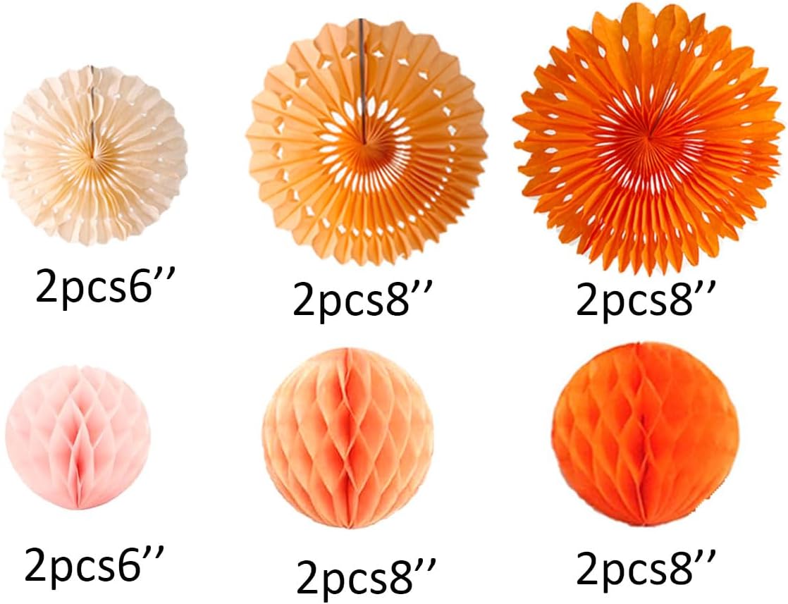12pcs 6’’ 8’’ Honeycomb Balls Tissue Paper Fans Party Honeycomb Ball Fans Wall Tissue Pom Poms Flower Balls Hanging Paper Fans for Party Baby Shower Birthday Wedding Nursery Wall Decor(Orange kit)