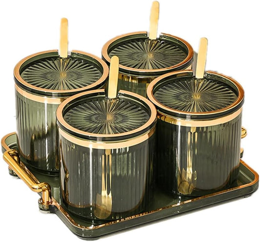 Acrylic Condiment Spice Jars,Condiment Spice Box With Lids and Spoons and Tray,Clear Plastic Condiment Canisters,Seasoning Box 4 Pack,Seasoning Box Set for Kitchen to Storage Salt,Paprika,Sugar