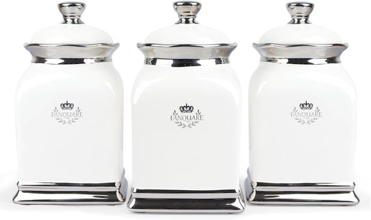 fanquare 30 OZ Cookie Jar, White Kitchen Canisters Set of 3, Farmhouse Porcelain Decorative Jars for Countertop, Ceramic Storage Jar for Coffee, Sugar, Tea Bag