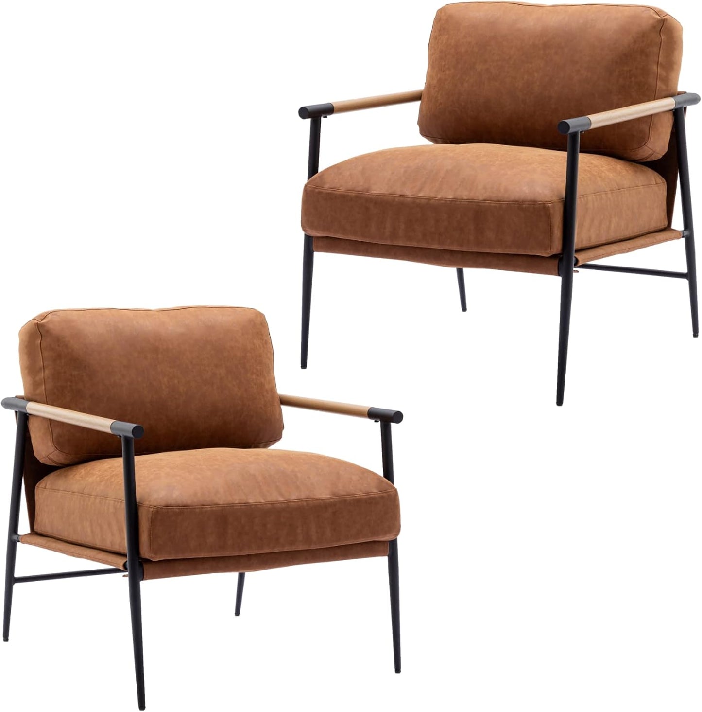 Mid-Century Accent Chair Set of 2, Soft Armchair PU Leather Lounge Chair with Black Metal Legs, Upholstered Leisure Chair for Living Room Bedroom Reception Room, Brown