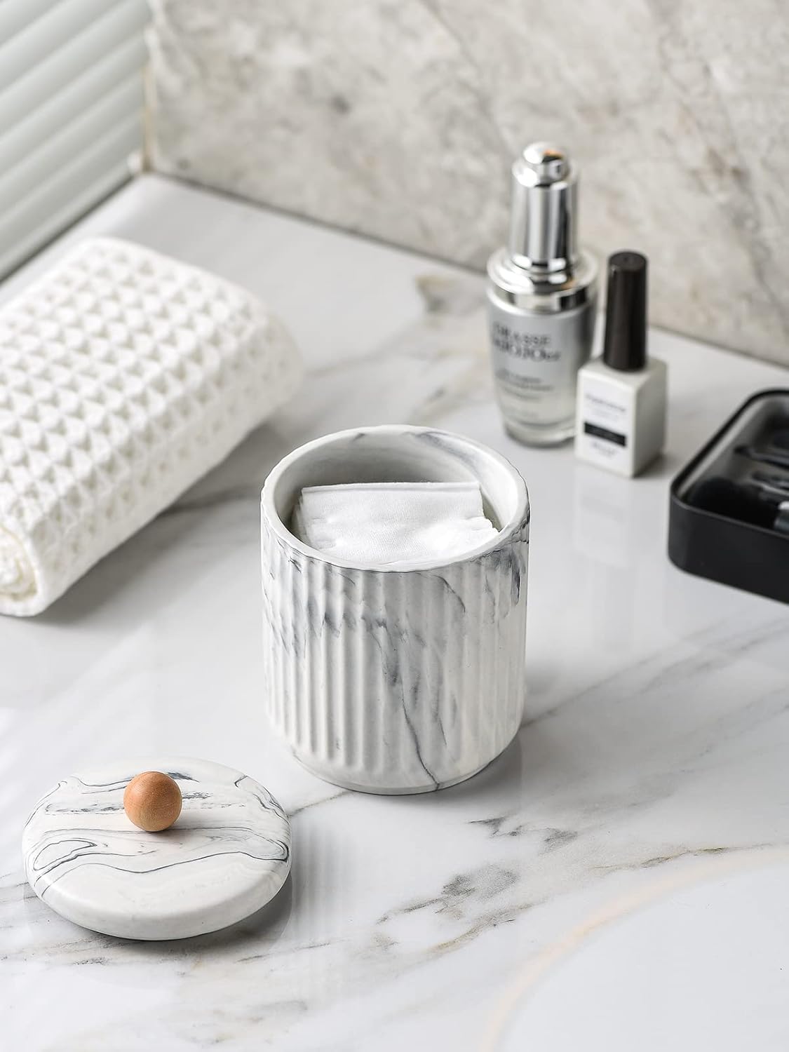 Bathroom Canister with Lid Qtip Holder Dispenser Jar Storage Organizer for Bathroom, Bedroom, Vanity, Kitchen Cabinet