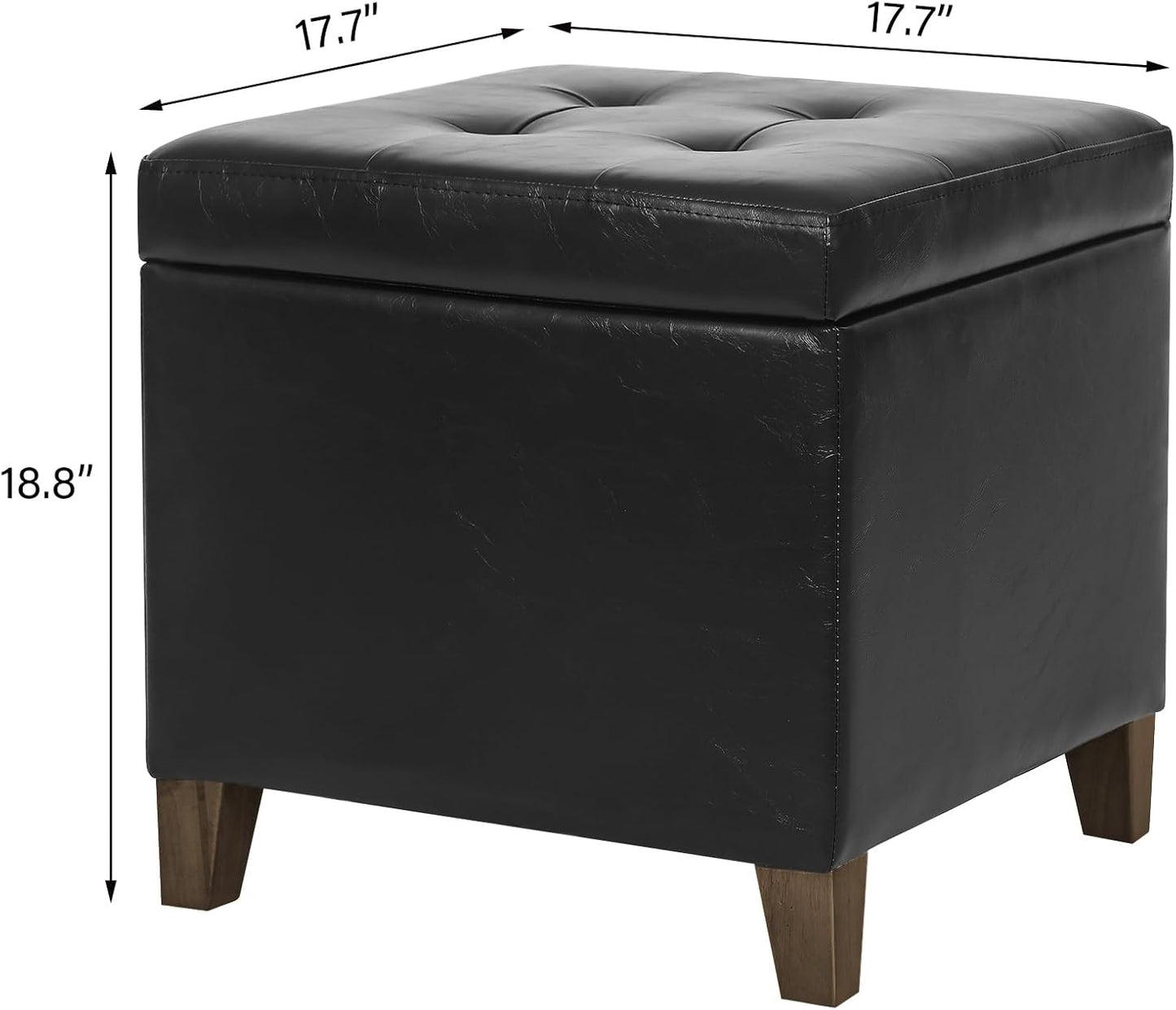 Adeco Faux Leather Storage Ottoman Bench with Solid Wood Legs, 17.7" Square Black PU Cube Foot Stool, Upholstered Button Tufted Vanity Chair with Hinged Lid for Living Room, Bedroom, Dorm