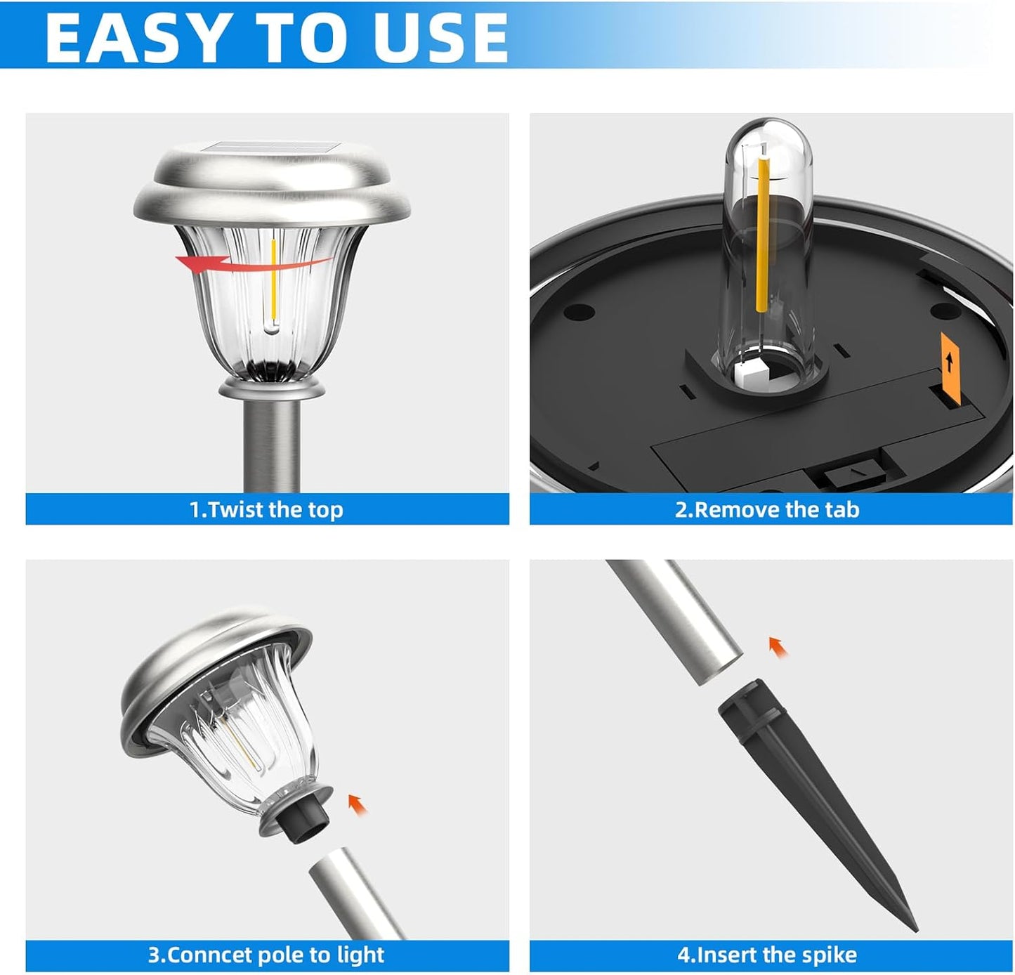 DERAYSION Solar Lights Outdoor Waterproof, Brushed Stainless Steel Glass Solar Pathway Lights, Auto On/Off Long-Lasting Outdoor Solar Lights for Garden, Landscape, Path, Yard 6 Pack