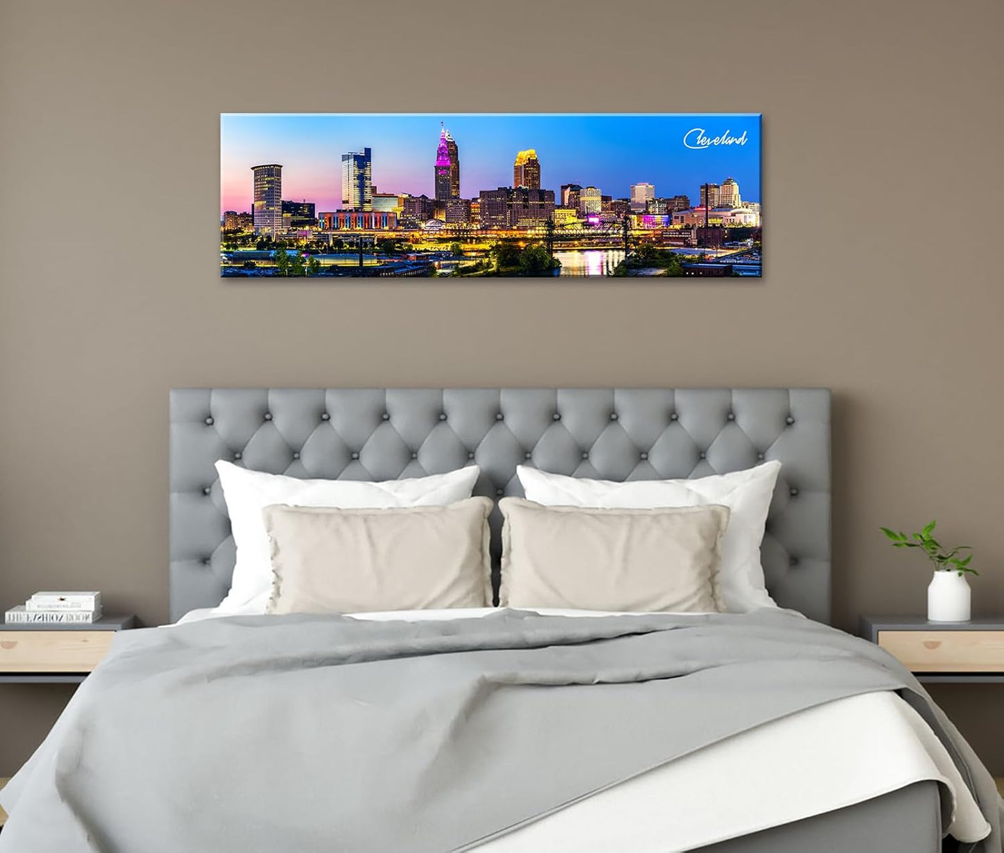 Cleveland Skyline Wall Art Colorful Canvas Prints Night View Ohio USA Cityscape Panoramic City Building Painting for Bedroom Office Decor Framed and Ready to Hang 13.8"x45.3"