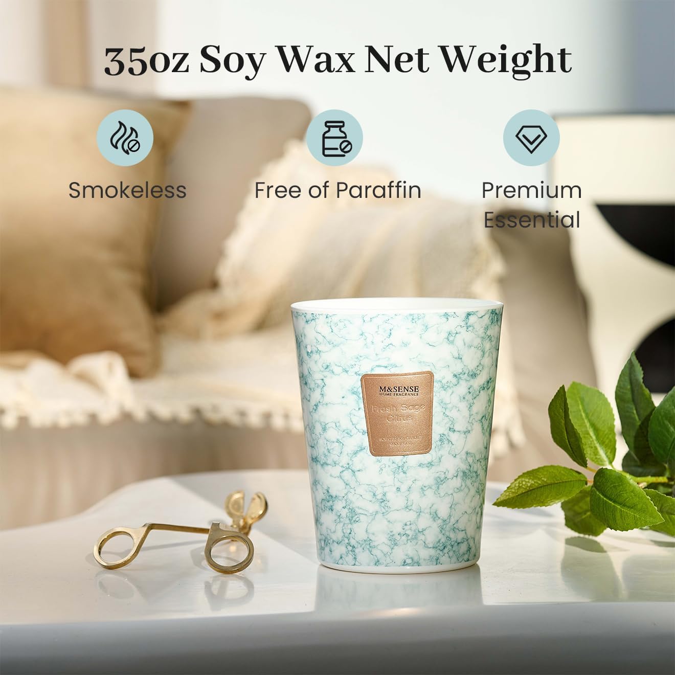 M&SENSE FreshSage Citrus Scented Candles for Home, 3-Wick Highly Scented Jar Candles, Extra Large Candle 35 Oz 150 Hours Long Lasting Burning, Relaxing Aromatherapy Candle for Stress Relief,Meditation