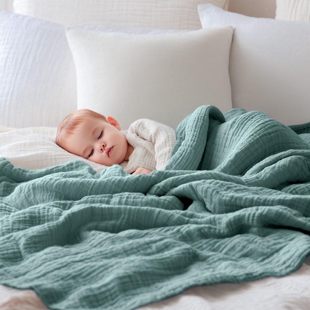 EMME Muslin Baby Blankets 100% Cotton 4-Layer Swaddle 40"x50" Lightweight Soft Breathable for Toddler, Infant, Newborn All Season Gauze Blanket, Teal