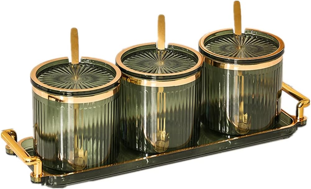 Acrylic Condiment Spice Jars,Condiment Spice Box With Lids and Spoons and Tray,Clear Plastic Condiment Canisters,Seasoning Box 3 Pack,Seasoning Box Set for Kitchen to Storage Salt,Paprika,Sugar