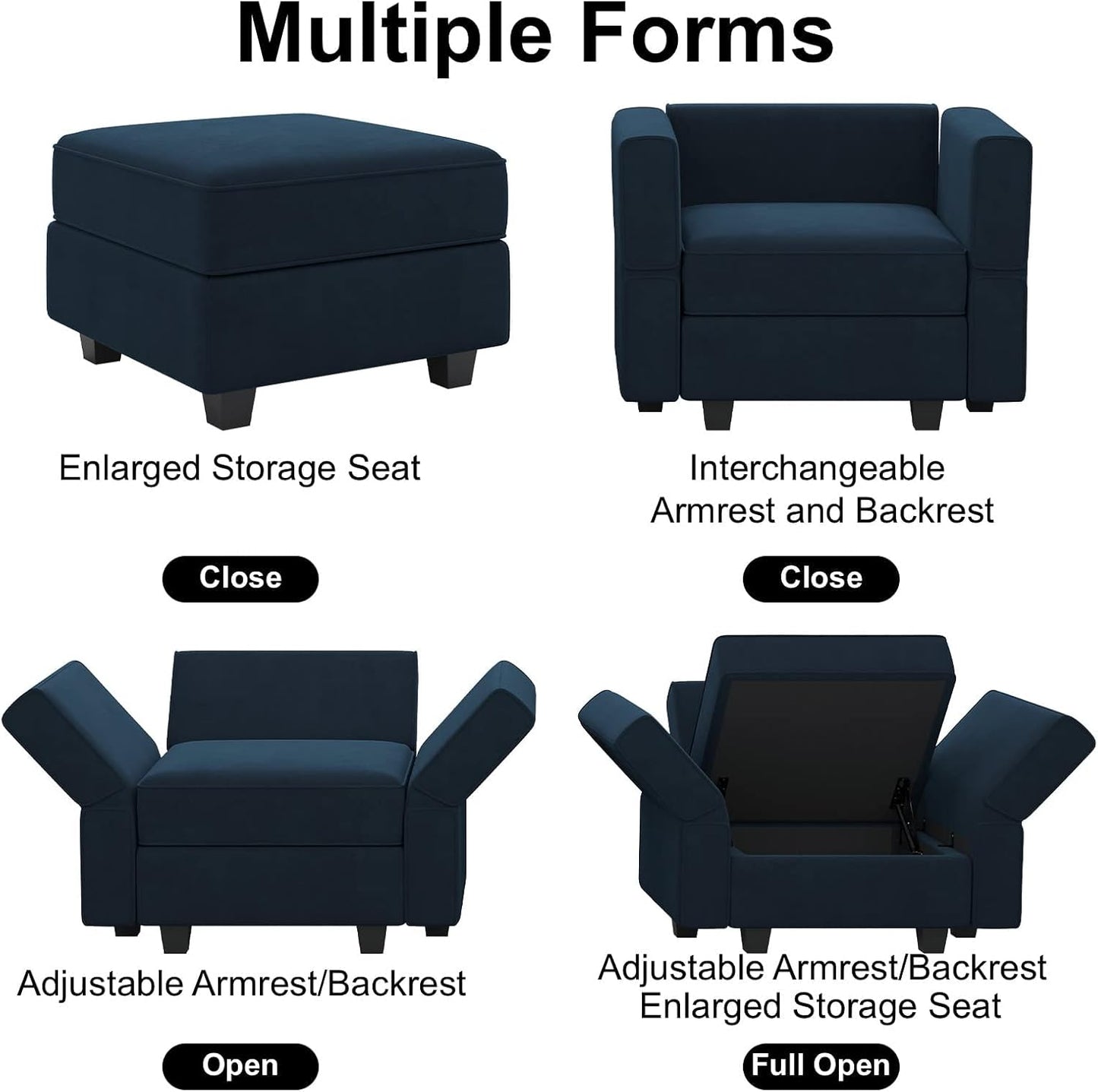 Belffin Modular Sectional Arm Accent Chair with Storage Seat Velvet Armchair Single Sofa Club Chair Blue