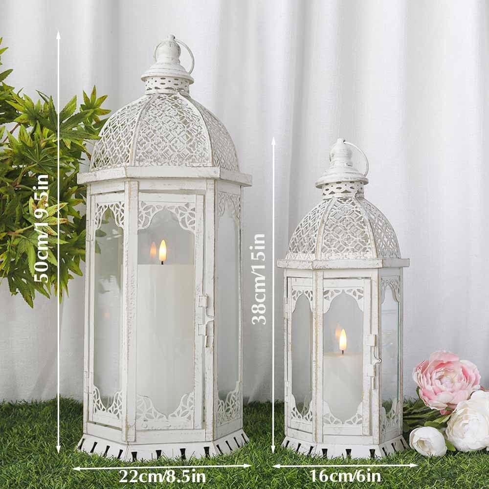 JHY DESIGN Set of 2 Decorative Candle Lanterns 22"&17" H Outdoor Vintage Metal Candle Holder for Garden Living Room Indoor Parties Weddings Patio Home Decor(White with Gold Brush)