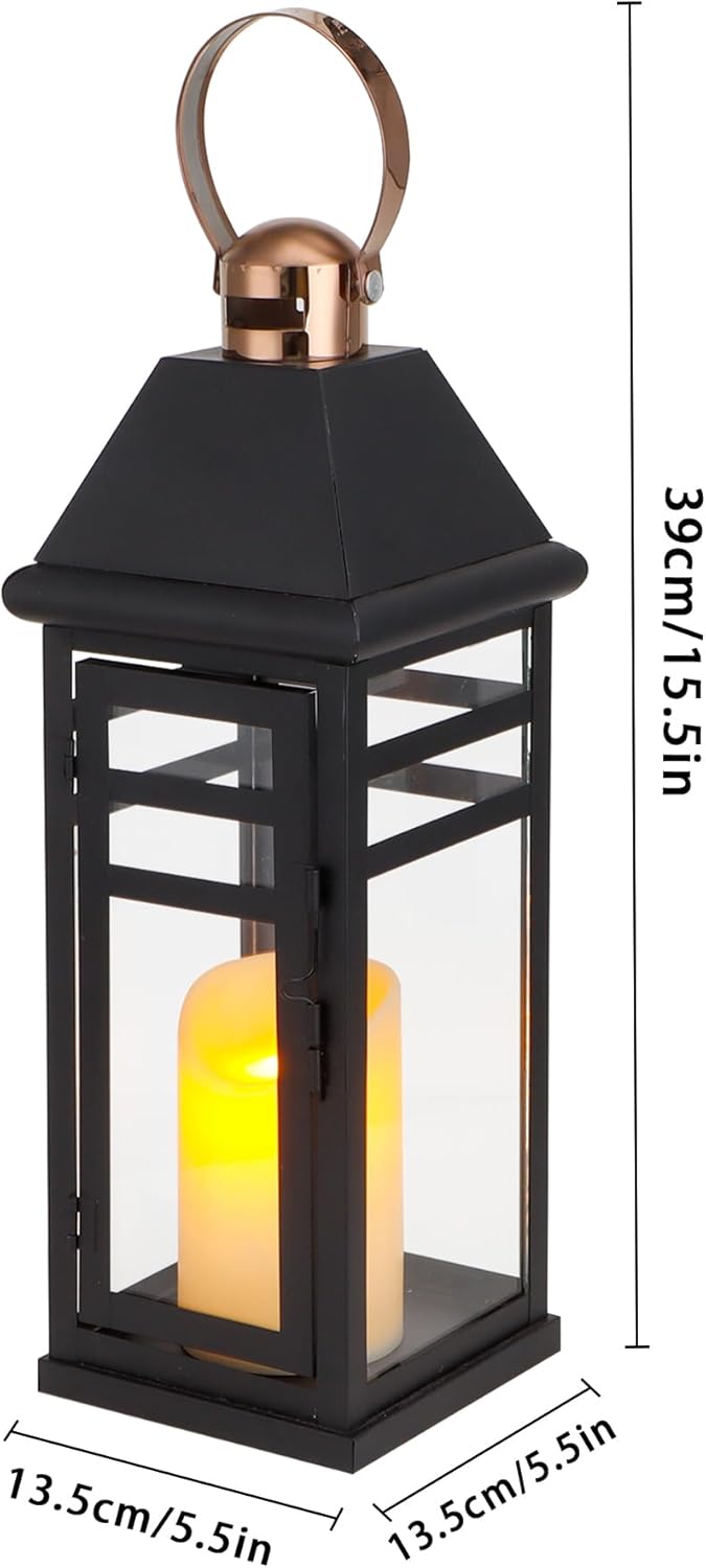 TRIROCKS Decorative Vintage Candle Lanterns 15.5" H Farmhouse Outdoor Hanging Lanterns with Tempered Glass for Porch, Balcony, Patio, Home, Centerpieces, Indoor, Outdoor(Black with Gold top)