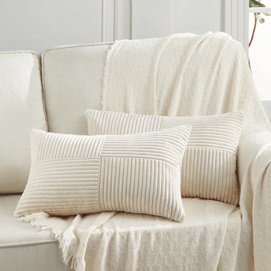 Fancy Homi 2 Packs Cream Lumbar Decorative Throw Pillow Covers 20x28 Inch for Living Room Couch Bed Sofa, Rustic Farmhouse Boho Home Decor, Soft Striped Corduroy Rectangle Accent Cushion Case 50x70 cm