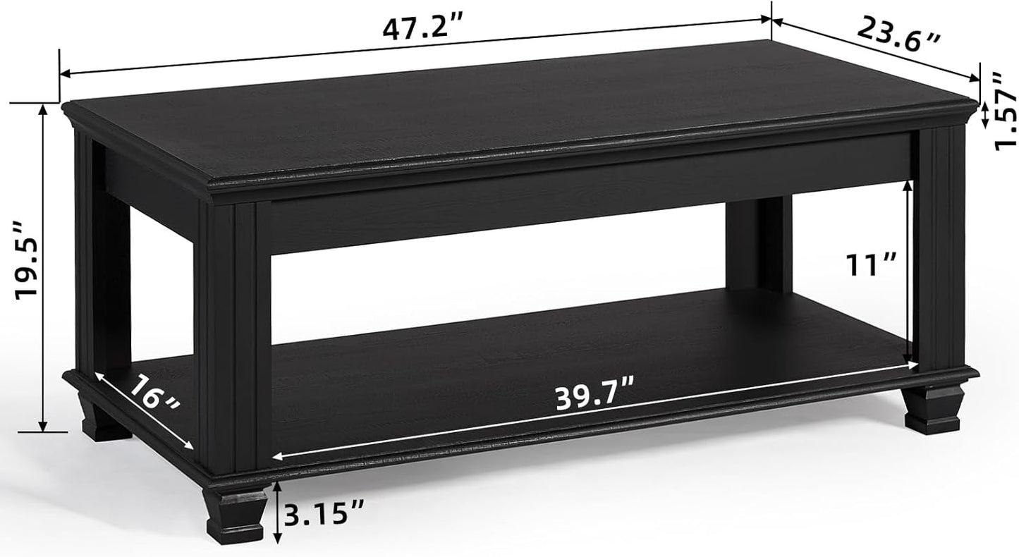Farmhouse Coffee Tables for Living Room,Square Tea Table with Open Storage Shelf,Large Coffee Table,Rustic Wooden Center Table,Black