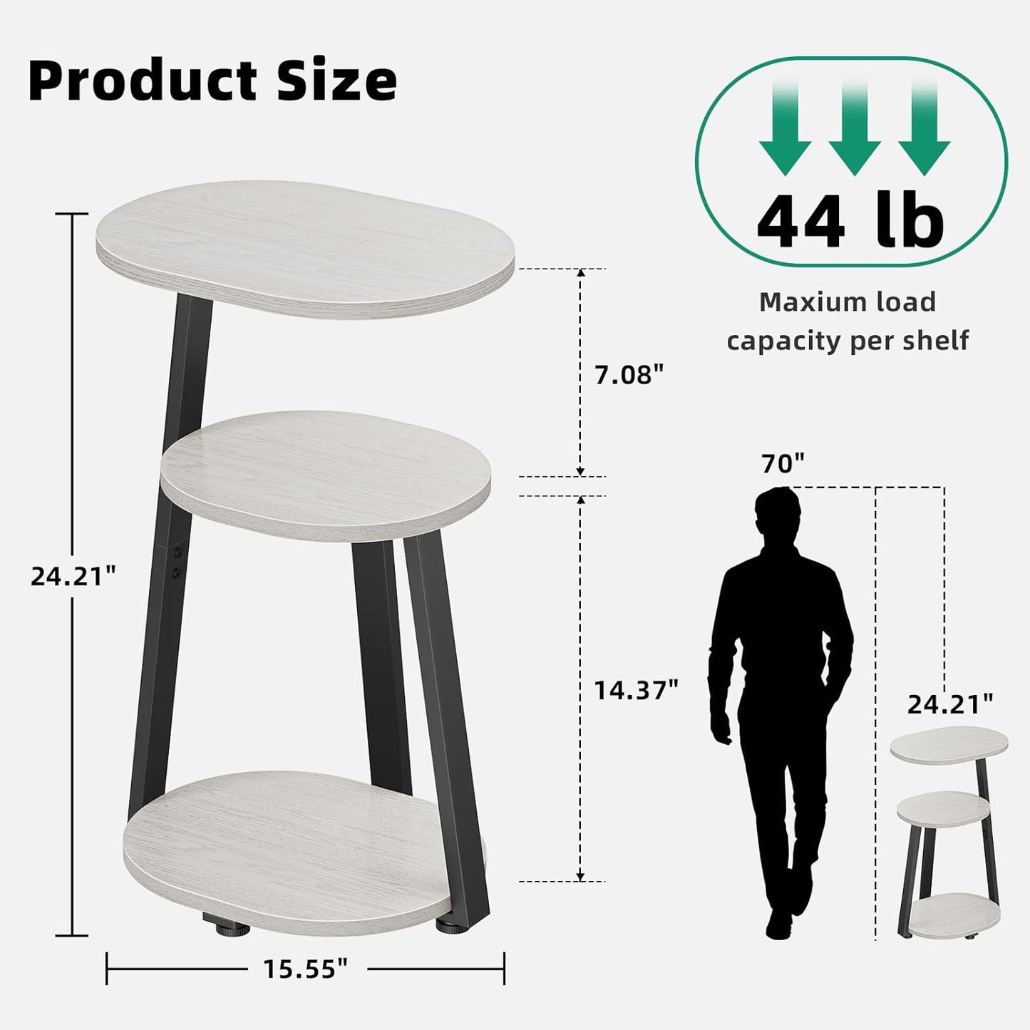 Side Table, Small End Table with Metal Frame, 3-Tier Bedside Tables, Round Side Tables for Living Room Bedroom Couch Bathroom, Oval, White Maple