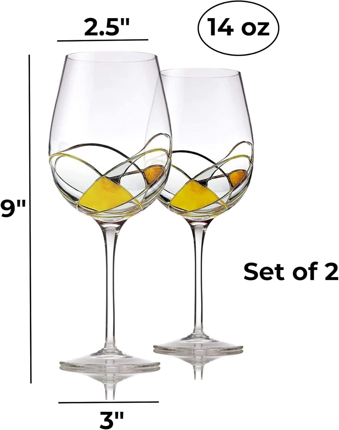 Bezrat Wine Glasses Hand Painted - Set of 2 - Women Wine Gift - Wine Lover Glass - Beautiful Glassware Gifts Ideas for Women Inspired by 'Duomo di Milano' Mothers Day - 12 oz (Gold)