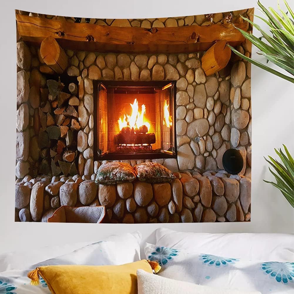 Firplace Tapestry Art Retro Stove Print Tapestry Art Wall Hanging Tapestry Room Bedspread Decor Christmas Fireplace (Firplace, 70.00" x 90.00")