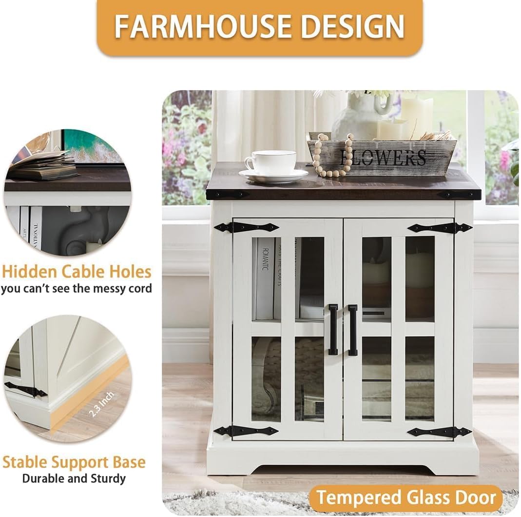 Farmhouse End Table with Charging Station,24" Large Sofa Side Table with Glass Barn Door, Rustic Wood Nightstand Bedside Table with Adjustable Storage Shelf for Living Room, Bedroom,White