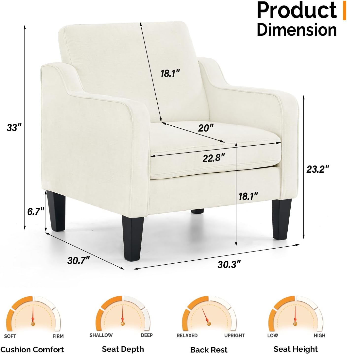 VINGLI Mid Century Modern Accent Chairs for Living Room, Cream White Comfy Reading Chair Soft Chenille Sofa Chairs Upholstered Side Armchair for Living Room, Bedroom, Apartment