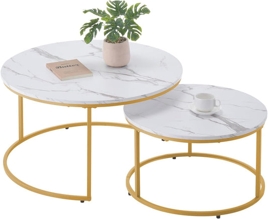 VEVOR Nesting Tables, Coffee Table Set of 2, 31.5 inch Round Coffee Table, Small Coffee Tables Night Stand with Metal Frame, for Living Room, Bedroom, Office (White & Gold)