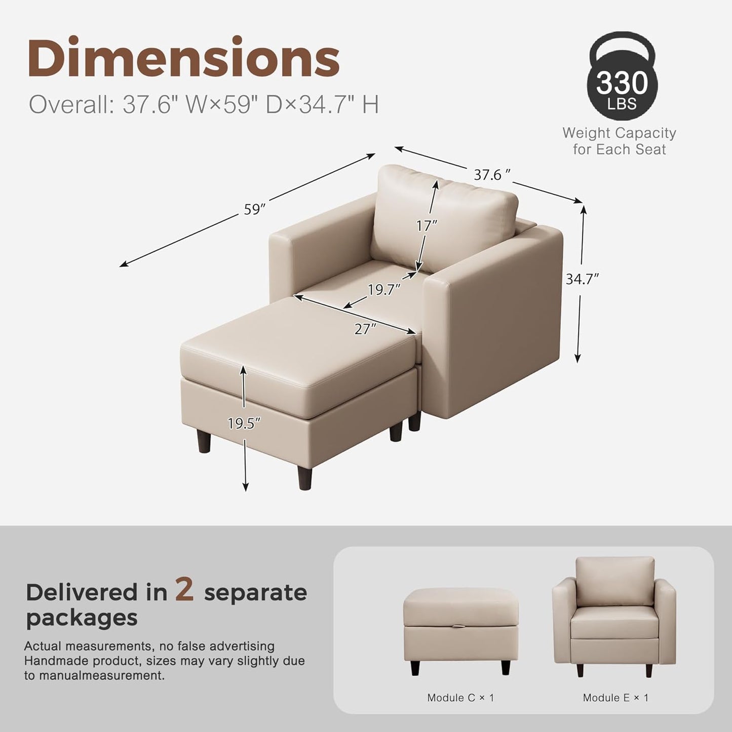 Faux Leather Single Sofa with Storage Ottoman, Modern Accent Chair Deep Seat Large Reading Armchair, Chaise Lounge Chair for Living Room Bedroom Office Whitesand