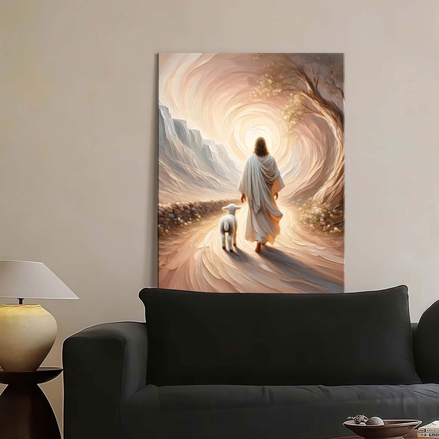 Framed Canvas Jesus and Lamb Wall Decor Wall Art Gallery Decoration Unique Print Wall Decor for Living Room Bedroom Church Home Decor 12x16 Inch Ready to Hang
