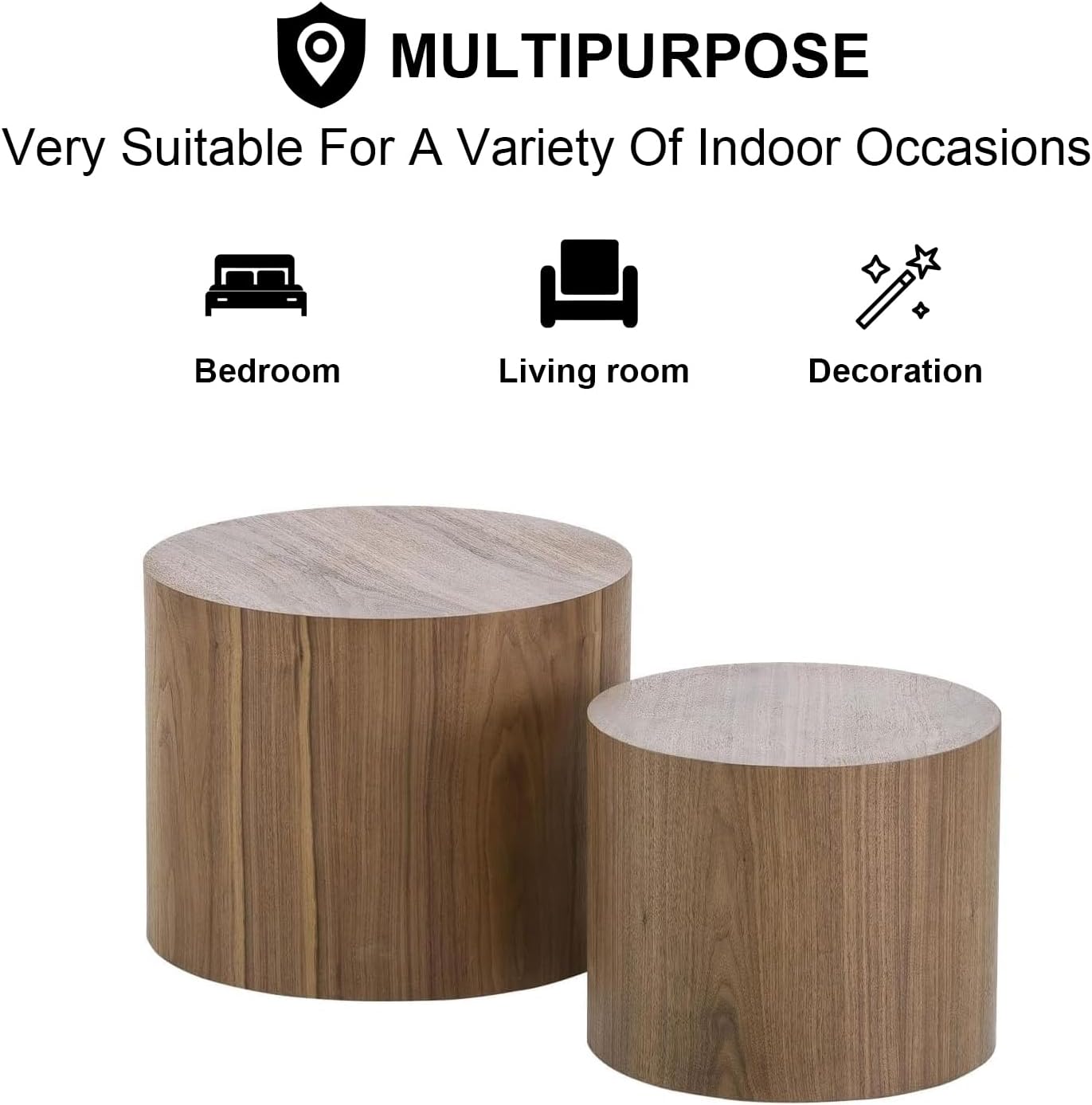Nesting Coffee Table Set of 2, Modern Round Coffee Table with Non-Slip Feet, Walnut Wooden Circle Accent Tables for Small Spaces Living Room Bedroom Balcony Office Drum Side Table (Walnut)