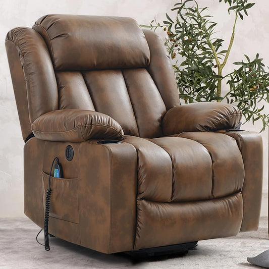 Power Lift Recliner Chair for Elderly Breathable Leather Recliner Chair with Massage and Heat for People Limited Mobility,2 Cup Holders,Electric Stand Assist,USB Ports,Gifts for Family (Ochre)