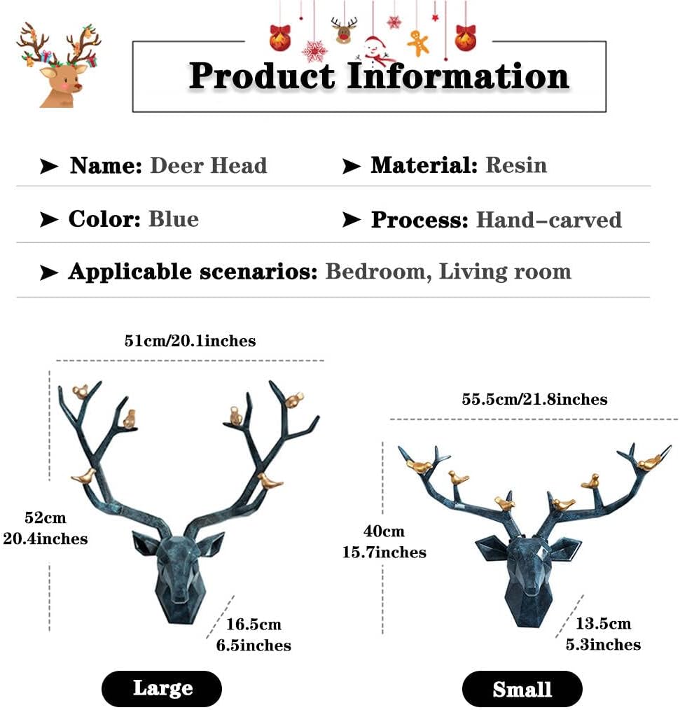 Deer Head Wall Decor Geometric Rustic Wall Mounted Deer Head, Faux Taxidermy Animal Head Wall Art Pendant, Handmade Resin Head Sculptures for Porch, Detachable Antlers, 6 Styles(Blue,20.1x20.4IN)