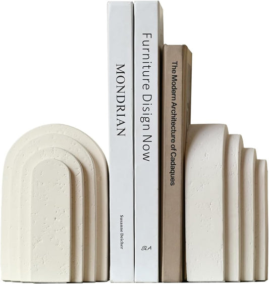 Decorative Bookends for Shelves, Set of 2 Book Ends for Heavy Books, Layered Arch Design Beige Bookend